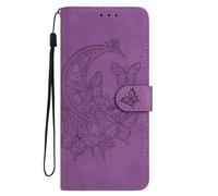 Funda tipo cartera para Motorola Moto G35 5G con tarjetero, a prueba de golpes, de piel sintética, con función atril de mariposa en relieve, funda protectora para Motorola Moto G35 5G, color morado