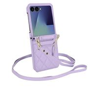 Funda tipo cartera para Motorola Razr 60 Ultra, funda de piel con tapa cruzada con 2 ranuras para tarjetas, cordón ajustable, correa de muñeca, funda para teléfono para mujer (morado)