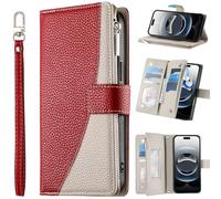 Funda Tipo Cartera para Realme P3 5G, con 6 Ranuras para Tarjetas, Bolsillo con Cremallera, Cierre magnético, función Atril y Correa para la muñeca-Rojo
