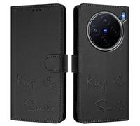 Funda tipo cartera para VIVO X300S 5G, piel sintética en relieve, bloqueo RFID, soporte, cierre magnético y correa de muñeca, color negro A03