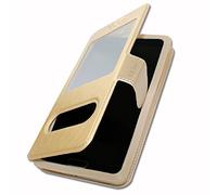 Funda tipo libro para Motorola One Fusion+ Extra Slim X 2 ventanas de piel ecológica de calidad con cierre magnético y pespuntes similares compatible con Motorola One Fusion+ - Oro
