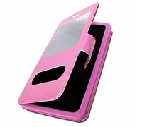 Funda tipo libro para Sharp Aquos zero5G Basic Extra Slim X 2 ventanas de piel ecológica de calidad con cierre magnético y pespuntes similares, compatible con Sharp Aquos zero5G Basic - Rosa