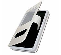 Funda tipo libro para Wiko Y61 Extra Slim X 2 ventanas de piel sintética de calidad con cierre magnético y pespuntes similares compatible con Wiko Y61, color blanco