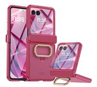 Funda Translúcida para Motorola Razr 60 Ultra con Protector de Pantalla & Protección para Bisagra y Soporte de Anillo, Tacto Suave Acabado Mate Rígida de PC Funda para Moto Razr Ultra 2025 (Rosa Rojo)