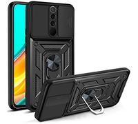 Funda Xiaomi Redmi 9,Ventana corrediza blindada a Prueba de Golpes Doble Capa Hard PC y Silicona TPU con 360°Anillo iman Soporte Carcasa Funda para Xiaomi Redmi 9,Negro