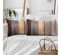 Fundas Cojin 30x50 Gris Marrón Lino Marrón Funda de Almohada del Decorativos Modernos Raya de Madera Cuadrada Cojín Retro para Sofá Cama de Coche Sala de Estar Decoración del Hogar Juego de 2