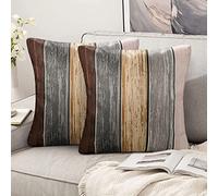 Fundas Cojin 40x40 Gris Marrón Juego de 2 Fundas Cojines 40x40 Lino Marrón Fundas de Cojin Modernos Raya de Madera Cuadrada Cojín Retro para Sofá Cama de Coche Sala de Estar Decoración del Hogar