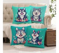 Fundas Cojines 35x35 cm 4 Piezas, Dibujos Animados Fundas de Cojines Exterior Impermeable de Felpa Corta, Cuadradas Cojin Sofa con Cremallera Oculta para Cama Sala de Estar Dormitorio Perro L-G466