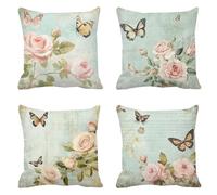 Fundas Cojines 40x40 Azul Juego de 4 Cojines Exterior, Terciopelo Funda Cojin Cuadradas Cojín Exterior Impermeable con Cremallera Funda de Almohada Elegantes Decor Coche, Silla, Jardin Flores T-398