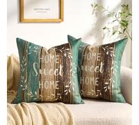 Fundas Cojines 45x45 Verde Rayas Blancos Corona Hogar Dulce Hogar Casa de Campo Rústico Verde Caqui Marrón Funda de Cojín Lino Sintético Juego de 2 con Cremallera Invisible para Sofá Sillón Balcón