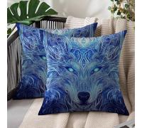 Fundas Cojines 55 x 55 cm Azul Funda Cojin Lobo Lino 2 Piezas Impresión de Doble cara, Cremallera Oculta, Decoración de Primavera Otoño Sofá al Aire Libre, Banco, Balcón, Dormitorio, Coche L#427