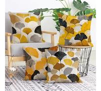 Fundas Cojines 55x55 cm 4 Piezas, Color Naranja Fundas de Cojines Exterior Impermeable de Lino, Cuadradas Cojin Sofa con Cremallera Oculta para Cama Sala de Estar Dormitorio Hojas De Ginkgo L-G184