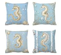 Fundas Cojines 60x60 Azul Juego de 4 Cojines Exterior, Terciopelo Funda Cojin Cuadradas Cojín Exterior Impermeable con Cremallera Funda de Almohada Decor Coche, Silla, Jardin Caballito de mar T-395