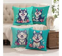Fundas Cojines 65x65 cm 4 Piezas, Dibujos Animados Fundas de Cojines Exterior Impermeable de Lino, Cuadradas Cojin Sofa con Cremallera Oculta para Silla Cama Sala de Estar Dormitorio Perro L-G466