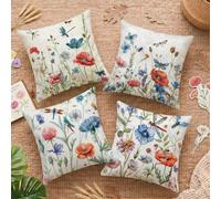Fundas Cojines 65x65cm Juego de 4 Doble Cara Amapola Flores Silvestres de Lino Fundas de Almohada, Cojines Exterior Impermeable para Cojines Sofa Cama Decoracion Salon Terraza Jardín & Hogar C-O466