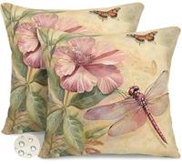 Fundas Cojines Exterior Impermeable Funda de Cojín Flores y Libélulas 65x65 cm, Juego de 2 Funda de Almohada Rústico Retro Fundas de Cojín Decorativas para Sala de Estar Jardín Patio Balcón -GY382