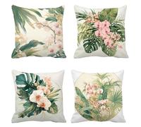 Fundas Cojines Flor 60x60 Juego de 4 Cojines Sofa, Cuadrada Lino Cojin Impermeable Exterior, Funda Cojin Hoja Verde Doble Cara Estampado, Cremallera Invisible, Balcones Patio Jardín Decorativas s-168