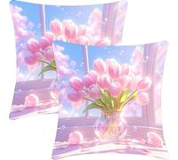 Fundas Cojines Juego de 2 Piezas, 55x55cm, Fundas de Cojines Jardín al Aire Iibre Decorativo, Sofa Funda de Cojín, Dormitorio de Pillow, Protector Cojín Asientos para, Tulipanes Rosas, CZ7J-903
