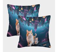 Fundas Cojines Pareja de Gatos en Ciudad Invertida Juego De 2, Decorativo Poliéster, para Sofá, Coche, Cama, Sillas 50x50cm