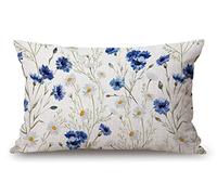 Fundas de almohada de 12 x 20 pulgadas, decoración rústica de granja, flores de acuarela, algodón, lino, azul aciano, margaritas blancas, funda de cojín para sofá, dormitorio