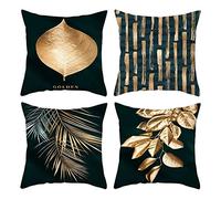 Fundas de Cojín 35x35cm Modernas Funda de Almohada de Lino Suave Hojas doradas Patrón Funda de Almohada Cuadrado Juego de 4 Funda de Cojines Decorativa para Sofá,Cama Hogar,Coche,Interior,Exterior