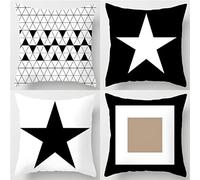 Fundas de Cojín 40 x 40 cm, Fundas Cojines Exterior Impermeable, Juego de 4 Funda Cojin Lino, Cuadrado Funda Almohada, Fundas de Cojines Grandes para Jardin Sofa - Estrellas en Blanco y Negro A53