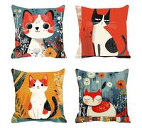 Fundas de Cojín 45 x 45 cm, Juego de 4 Cundas para Cojines Decorativas de Exterior Impermeable Lino, Cojines de Sofá, Cushion Covers con Cremallera Transpirable Suave, para Dormitorio,Gato Rojo F0P101