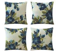 Fundas de Cojín 50x50cm, Juego de 4 Fundas de Cojines Suaves Cojines Decorativas Lino y Transpirables para Sofá, Dormitorio y Sala de Estar, con Cremallera Oculta (Flores de color azul oscuro)