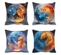 Fundas de Cojín 60 x 60 cm, Juego de 4 Cundas para Cojines Decorativas de Exterior Impermeable Lino, Cojines de Sofá, Cushion Covers con Cremallera Transpirable Suave,Bola De Vidrio Dragón F0P-23