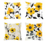 Fundas de Cojín 60 x 60 cm, Juego de 4 Cundas para Cojines Decorativas de Exterior Impermeable Lino, Cojines de Sofá, Cushion Covers con Cremallera Transpirable Suave,Amarillo Flores 6 F0P-131