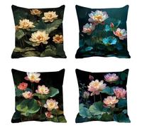 Fundas de Cojín 60 x 60 cm, Juego de 4 Cundas para Cojines Decorativas de Exterior Impermeable Lino, Cojines de Sofá, Cushion Covers con Cremallera Transpirable Suave,Loto Hojas De Loto F0P-100