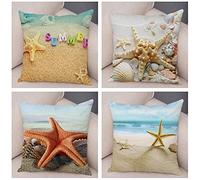 Fundas de Cojín 60x60cm Estrella De Mar En La Playa Funda de Almohada Juego de 4 Cuadrado Algodón Lino Doble Cara con Cremallera Invisible Throw Pillow Case para Sofá Camas Dormitorio Coche Exterior
