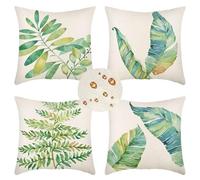 Fundas de Cojín 75x75 cm Juego de 4 Fundas cojines verde Funda Cojin Exterior hoja Cojines para Sofa de Lino Impermeables Cojines Cama Decorativos para Jardín Exterior Decoración de Hogar Regalos