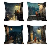 Fundas de Cojín 80 x 80 cm, Juego de 4 Cundas para Cojines Decorativas de Exterior Impermeable Lino, Cojines de Sofá, Cushion Covers con Cremallera Transpirable Suave, Dormitorio,Gato Farola 1 F0P-357