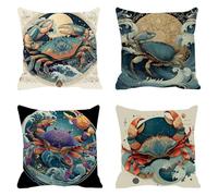 Fundas de Cojín 80 x 80 cm, Juego de 4 Cundas para Cojines Decorativas de Exterior Impermeable Lino, Cojines de Sofá, Cushion Covers con Cremallera Transpirable Suave,Cangrejo Animal F0P-391