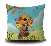 Fundas De Cojín Australian Cattle Puppy In Sunflower Hat Maple Leaves Spring Summer Flowers Throw Pillow Case Decorativa Funda Cojines Lavable Almohada Caso para Dormitorio Sofa Oficina 45X45CM