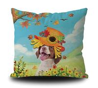Fundas De Cojín Brittany Spaniel Dog In Sunflower Hat Maple Leaves Spring Summer Flowers Throw Pillow Case Elegantes Funda Cojines Decorativa Almohada Caso para Dormitorio Sofa Oficina 45X45CM