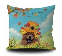Fundas De Cojín Chowchow Dog In Sunflower Hat Maple Leaves Spring Summer Flowers Almohada Caso Elegantes Fundas De Almohada Decorativa Throw Pillow Case para Salón Oficina Sofa 45X45CM