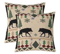 Fundas de cojín de impresión de animales de lobo de doble cara 55 x 55 cm, rústica granja animales salvajes impresión suave fundas de almohada cuadradas, pino verde Navidad copos de nieve para