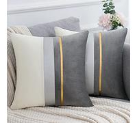 Fundas de Cojín Decorativas 20x20 Funda Almohada Cuadrada Terciopelo Gris Empalme con Rayas Cuero Dorado para Asiento, Sofá, Dormitorio, Sala de Estar, Decoración del Hogar, 50 x 50 cm,2 Piezas