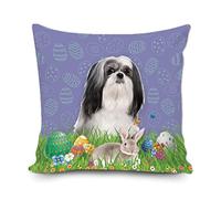 Fundas De Cojín Happy Easter Bunny with Lhasa Apso Puppy Colorful Eggs Spring Flower Almohada Caso Decorativa Fundas De Almohada Lavable Funda Cojines para Salón Dormitorio Sofa 45X45CM