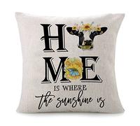 Fundas De Cojín Home Is Where The Sunshine Is Sunflower Cow Lettering Saying Rustic Throw Pillow Case Elegantes Fundas De Almohada Moderna Funda Cojines para Oficina Dormitorio Sofa 45X45CM