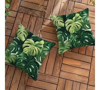 Fundas de Cojín para Exterior Impermeables Juego de 2 Lino Decorativas Funda Cojin 65x65 cm con Cremallera Oculta, Hojas Verdes Cuadrado Fundas Cojines Sofa para Patio Banco,(Plantas Tropicales) L-L69