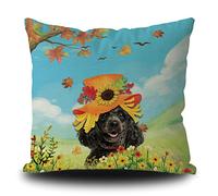 Fundas De Cojín Poodle Puppy In Sunflower Hat Maple Leaves Spring Summer Flowers Throw Pillow Case Decorativa Almohada Caso Lavable Fundas De Almohada para Oficina Sofa Salón 45X45CM