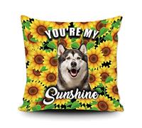 Fundas De Cojín Sunflowers Spring Flower with Cute Alaskan Malmute Dog You Are My Sunshine Almohada Caso Decorativa Throw Pillow Case Lavable Funda Cojines para Salón Oficina Sofa 45X45CM
