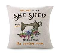 Fundas De Cojín Welcome To My She Shed Sewing Machine Blue Flower Sewing Room Vintage Funda Cojines Decorativa Almohada Caso Moderna Throw Pillow Case para Salón Dormitorio Sofa 45X45CM