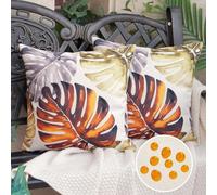 Fundas de Cojines 45x45 cm Hoja de Monstera Marrón Amarillo Funda de Almohada Decorativa de Lino Impermeable Hojas Tropicales de Verano para Jardín Sala de Estar Patio Juego de 2