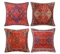 Fundas de Cojines 45x45cm Patrón de Alfombra Abstracta Vintage Roja Funda de Cojín Decorativa Lino de Algodón Fundas de Almohada Juego de 4 para Sofá Dormitorio Salon de Estar Oficina Interior