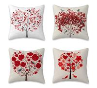 Fundas de Cojines 55x55 cm de Lino, Juego de 4 Rojo Fundas Cojines Decorativos, Cojin Exterior Impermeable con Cremallera Oculta para Habitacion Patio Jardín Balcón Sofá Árbol De La Vida L-G337