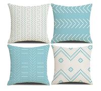 Fundas de Cojines 60 x 60 cm Farmhouse, Juego de 4 Cuadradas Con Textura Patchwork Azul para Sofá, Silla, Dormitorio, Decoración Moderna Hogar, Oficina, Jardín